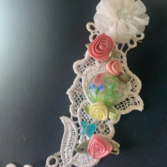 Bib Necklace flapper image glass hand sewn glass beads satin ribbon flowers - Picture 6 of 17